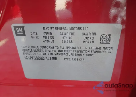 2012 Chevrolet Cruze 1Lt из США, поврежденный, VIN 1G1PF5SC8C7407490